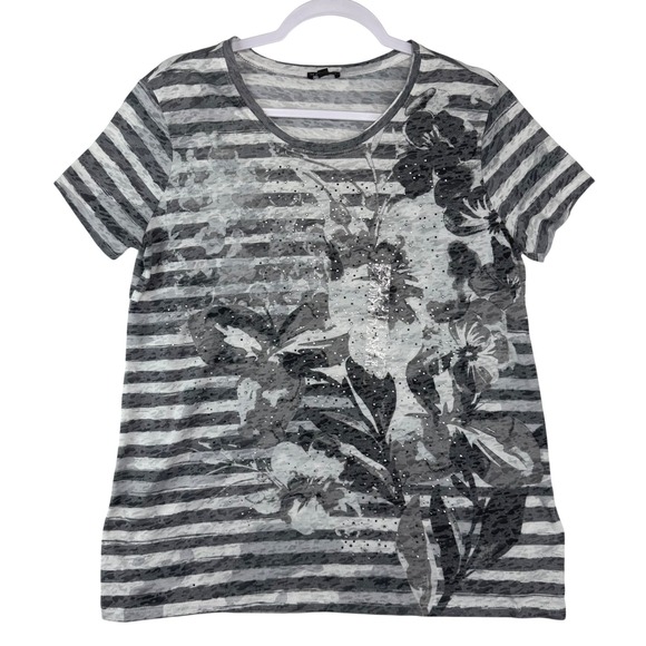 Hannah Womens Gray Striped Floral Burnout Rhinestone Short Sleeve Top Size L - Picture 2 of 7